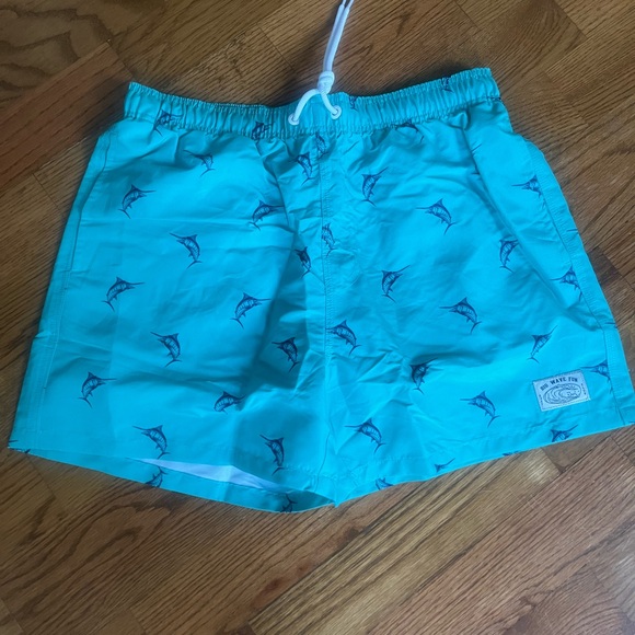 New in bag Manfinity turquoise Fish Print Drawstring Waist Mens Swim Trunks sz S - Picture 3 of 9